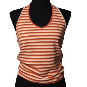 American Eagle‎ Womens Open Back Halter Red White Orange Striped Top Size M
